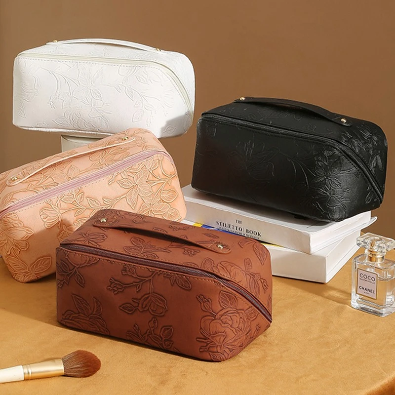 Embossed Flower Pattern Leather Makeup Bag