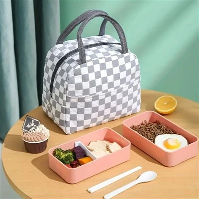Checkered Pattern Lunch Bag Thermal Cooler Tote
