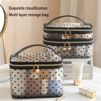 Mesh Net Heart Print Makeup Bag