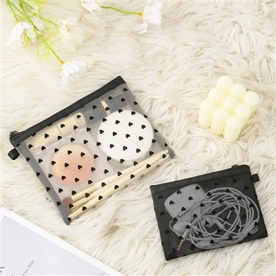 Transparent Heart-Printed Mesh Makeup Bag
