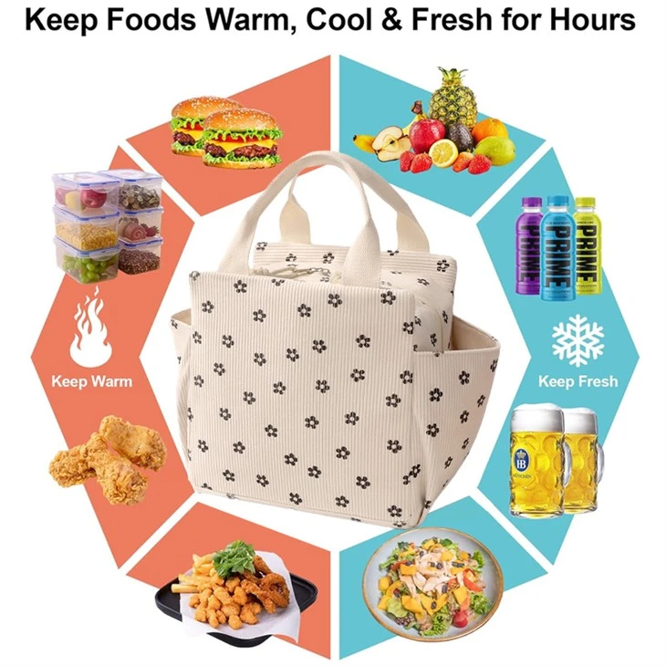 Corduroy Women Reusable Lunch Tote Handbag
