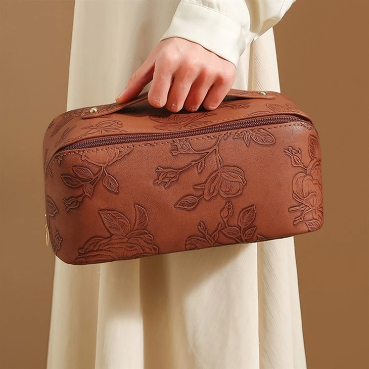 Embossed Flower Pattern Leather Makeup Bag